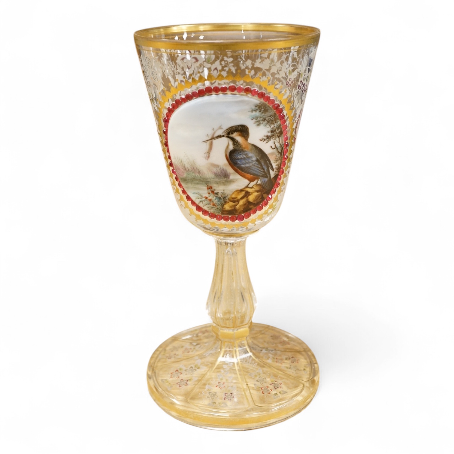 A Bohemian enamelled, overlaid and jewelled goblet, late 19th century, decorated with a Kingfisher grasping a fish, 20cm high
